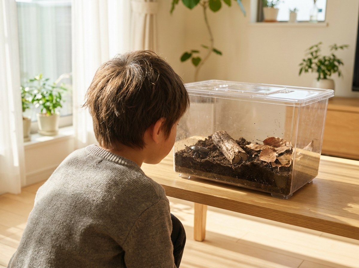 家でカブトムシを観察する子ども