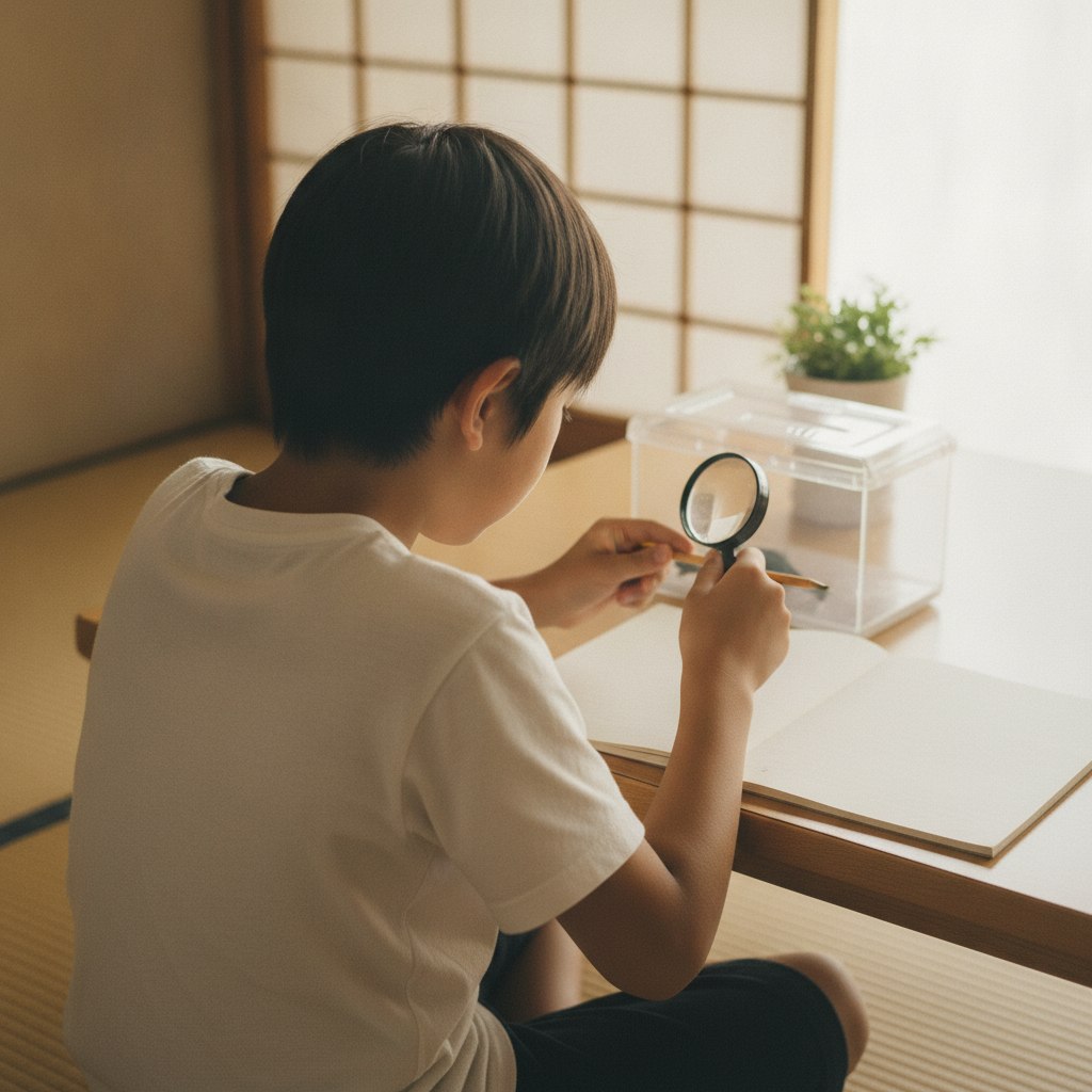 虫めがねで観察する子ども